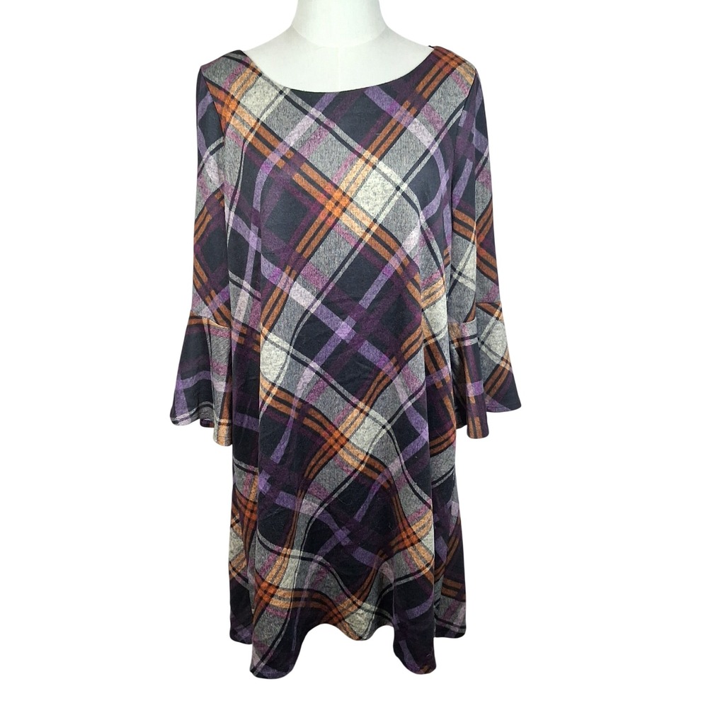 Jessica Howard Womens XL Plaid Bell Sleeve Shift Dress Purple Orange Fall